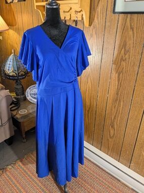 V-Neck Royal Blue Midi Dress with Flutter Sleeves